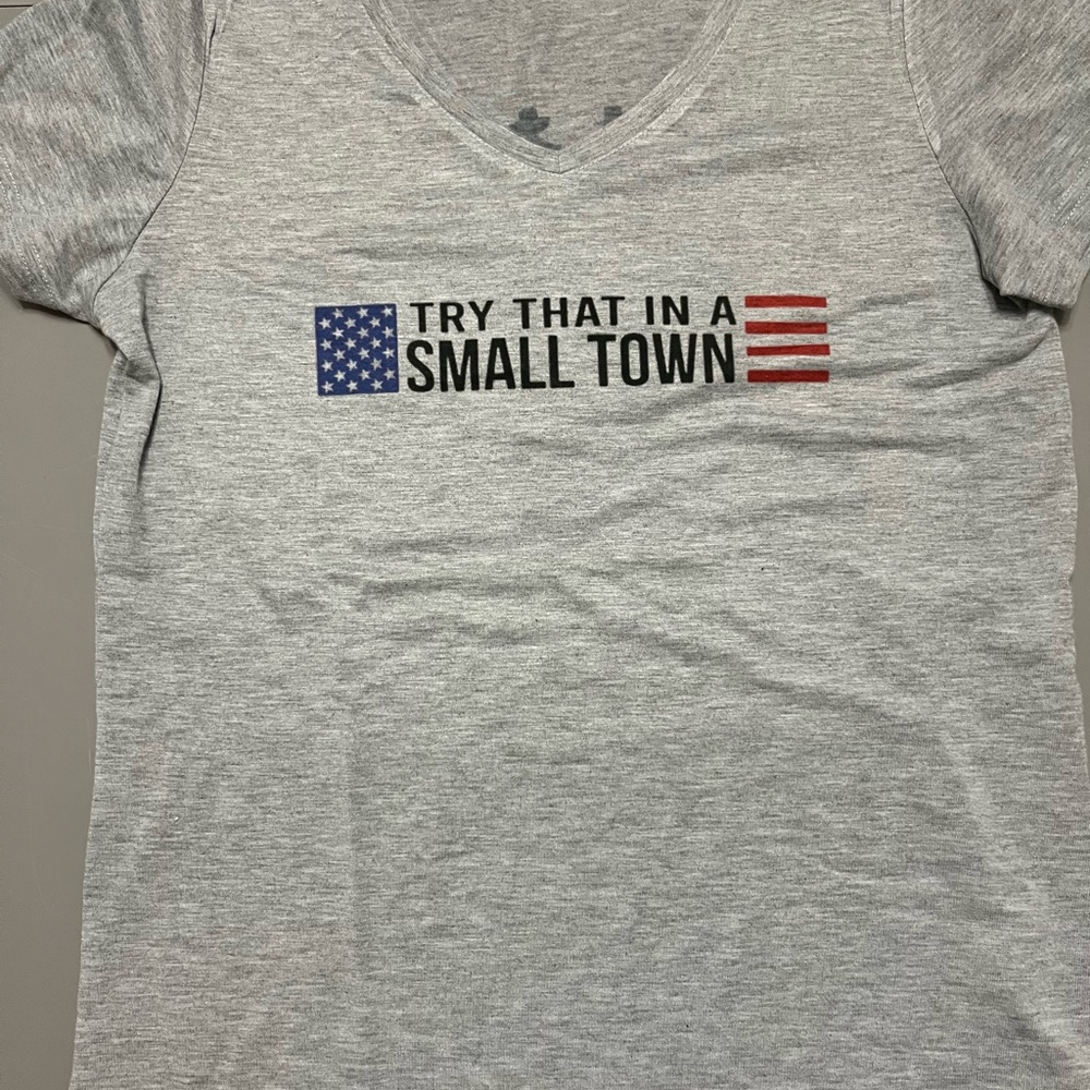 Cricut Heather Gray T-Shirt “try that in a small town” with flag USA patriotic